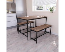 Vida Designs Roslyn Eettafel voor 4 personen met 2 banken, 3-delige set, eetkamermeubels, massief metalen frame (betongrijs)