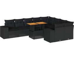 vidaXL - 10-delige - Loungeset - met - kussens - poly - rattan - acacia - zwart