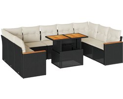 vidaXL - 10-delige - Loungeset - met - kussens - poly - rattan - acacia - zwart