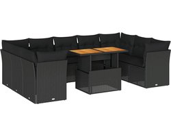 vidaXL - 10-delige - Loungeset - met - kussens - poly - rattan - zwart