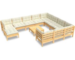 vidaXL - 12-delige - Loungeset - met - crèmekleurig - kussens - grenenhout