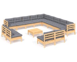 vidaXL - 14-delige - Loungeset - met - grijze - kussens - massief - grenenhout