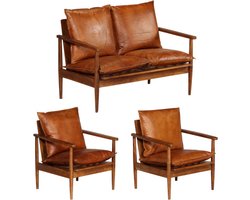 vidaXL - 3-delig - Bankstel - echt - leer - met - massief - acaciahout - bruin