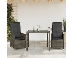 vidaXL 3-delige Bistroset grijs met kussens Tuinmeubel - Bistroset - Buitentijd - Lounge - Relaxen - Patio - Balkon - Terras - Outdoor Living - Pe Rattan - Grijze Tuinbank