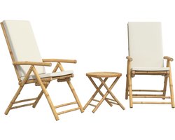 vidaXL - 3-delige - Bistroset - inklapbaar - met - kussens - bamboe - crèmewit