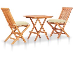 vidaXL - 3-delige - Bistroset - met - crèmewitte - kussens - massief - teakhout