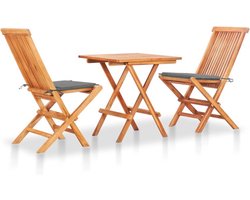 vidaXL - 3-delige - Bistroset - met - grijze - kussens - massief - teakhout