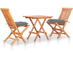 vidaXL - 3-delige - Bistroset - met - grijze - kussens - massief - teakhout