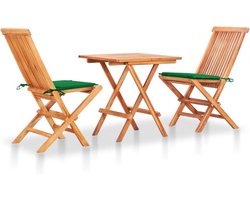 vidaXL - 3-delige - Bistroset - met - groene - kussens - massief - teakhout