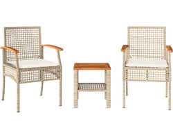 vidaXL - 3-delige - Bistroset - met - kussens - poly - rattan - en - acaciahout - beige