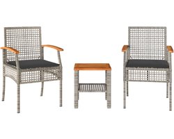 vidaXL - 3-delige - Bistroset - met - kussens - poly - rattan - en - acaciahout - grijs