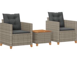vidaXL - 3-delige - Bistroset - met - kussens - poly - rattan - en - acaciahout - grijs
