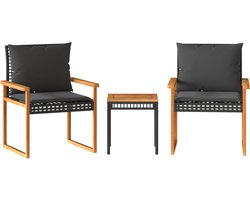 vidaXL - 3-delige - Bistroset - met - kussens - poly - rattan - en - acaciahout - zwart