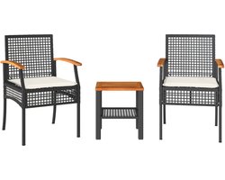 vidaXL - 3-delige - Bistroset - met - kussens - poly - rattan - en - acaciahout - zwart