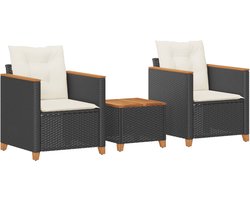 vidaXL - 3-delige - Bistroset - met - kussens - poly - rattan - en - acaciahout - zwart
