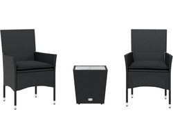 vidaXL - 3-delige - Bistroset - met - kussens - poly - rattan - en - glas - zwart