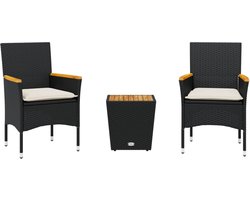 vidaXL - 3-delige - Bistroset - met - kussens - poly - rattan - en - glas - zwart
