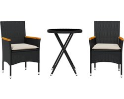 vidaXL - 3-delige - Bistroset - met - kussens - poly - rattan - en - glas - zwart