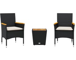 vidaXL 3-delige Bistroset met kussens poly rattan en glas zwart - Bistroset - Bistrosets - Loungeset - Tuinset