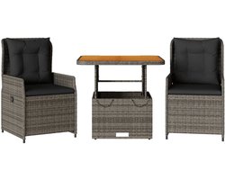 vidaXL 3-delige Bistroset met kussens poly rattan grijs - Bistroset - Bistrosets - Loungeset - Tuinset
