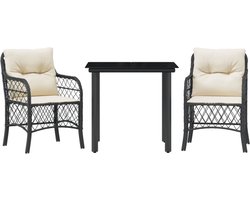 vidaXL - 3-delige - Bistroset - met - kussens - poly - rattan - zwart