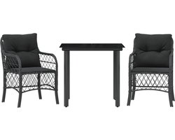 vidaXL - 3-delige - Bistroset - met - kussens - poly - rattan - zwart