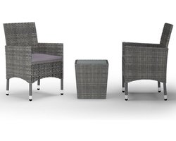 vidaXL - 3-delige - Bistroset - poly - rattan - en - gehard - glas - grijs