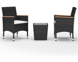 vidaXL - 3-delige - Bistroset - poly - rattan - en - gehard - glas - zwart