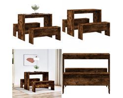 vidaXL - 3-delige - Eettafel - en - bankenset - bewerkt - hout - gerookt - eikenkleur