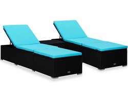 vidaXL - 3-delige - Ligbeddenset - met - theetafel - poly - rattan - zwart