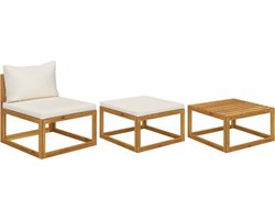 vidaXL - 3-delige - Loungeset - met - crèmekleurige - kussens - massief - acaciahout