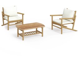 vidaXL - 3-delige - Loungeset - met - kussens - bamboe - crèmewit