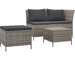 vidaXL - 3-delige - Loungeset - met - kussens - poly - rattan - grijs