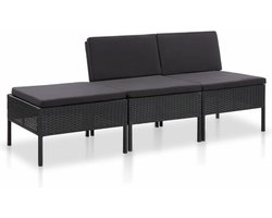vidaXL - 3-delige - Loungeset - met - kussens - poly - rattan - zwart