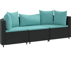 vidaXL - 3-delige - Loungeset - met - kussens - poly - rattan - zwart