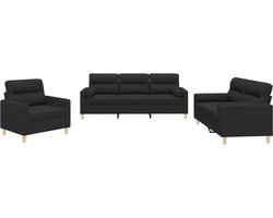 vidaXL - 3-delige - Loungeset - met - kussens - stof - zwart