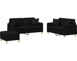 vidaXL - 3-delige - Loungeset - met - kussens - stof - zwart