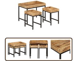 vidaXL - 3-delige - Salontafelset - massief - ruw - mangohout - en - ijzer