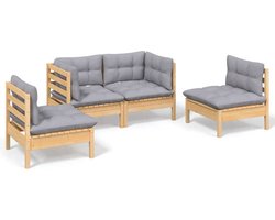 vidaXL - 4-delige - Loungeset - met - grijze - kussens - massief - grenenhout