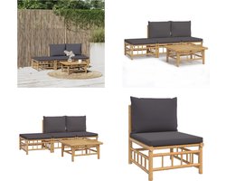 vidaXL - 4-delige - Loungeset - met - kussens - bamboe - donkergrijs