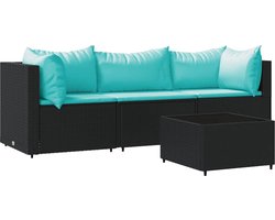 vidaXL - 4-delige - Loungeset - met - kussens - poly - rattan - zwart