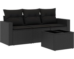 vidaXL - 4-delige - Loungeset - met - kussens - poly - rattan - zwart