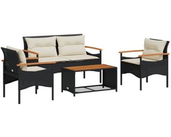 vidaXL - 4-delige - Loungeset - met - kussens - poly - rattan - zwart