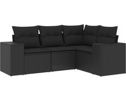 vidaXL - 4-delige - Loungeset - met - kussens - poly - rattan - zwart