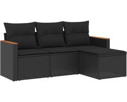 vidaXL - 4-delige - Loungeset - met - kussens - poly - rattan - zwart