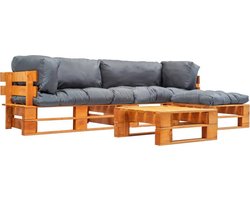 vidaXL - 4-delige - Loungeset - pallet - met - grijze - kussens - hout