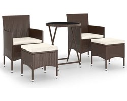 vidaXL - 5-delige - Bistroset - poly - rattan - en - gehard - glas - bruin