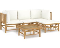vidaXL - 5-delige - Loungeset - met - kussens - bamboe - crèmewit