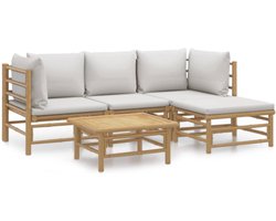vidaXL - 5-delige - Loungeset - met - kussens - bamboe - lichtgrijs
