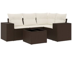 vidaXL - 5-delige - Loungeset - met - kussens - poly - rattan - bruin